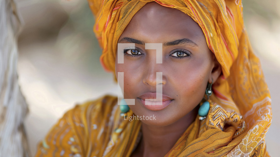 Somalian woman in vibrant headwrap with a desert backdrop.