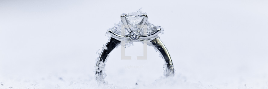 panorama of an engagement ring in the snow