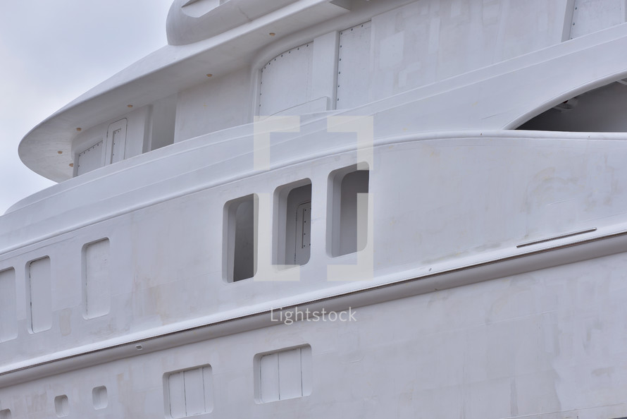 Unpainted and unfinished luxury yacht under construction