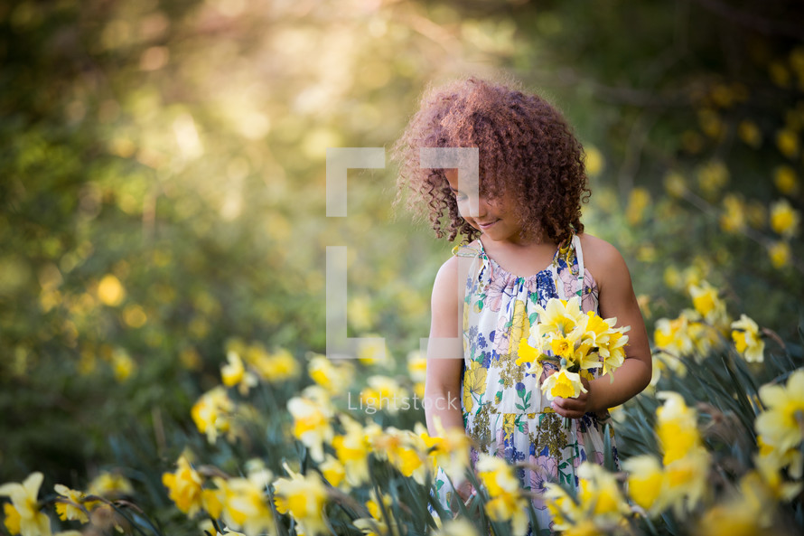 a little girl picking daffodils 
