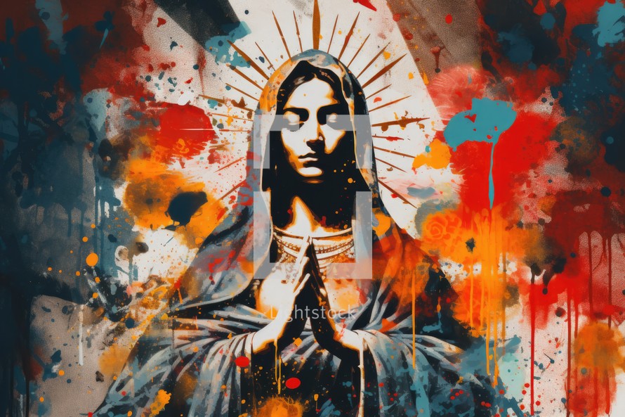 Mother Mary on abstract grunge background with splashes and blots