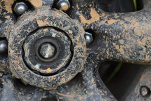 off-road car's wheel, covered in mud