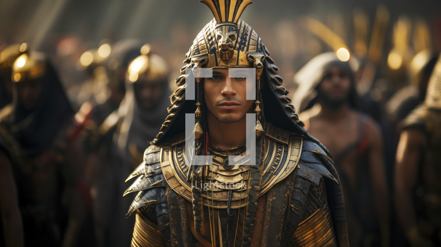 Portrait of an egyptian pharaoh in royal attire and his entourage in the background. 