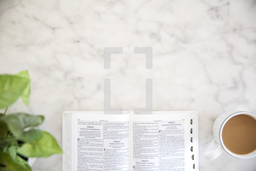 open Bible on a Marble countertop 
