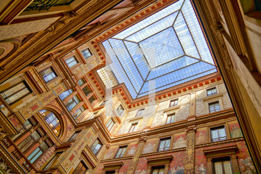 Skylight Window and Colourful Facade at Galleria Sciarra in Rome, Italy