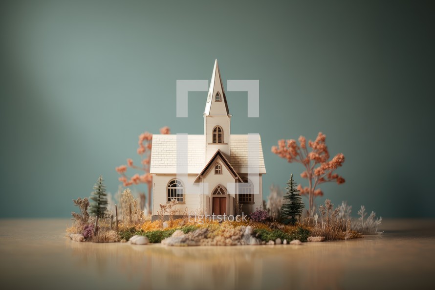 Miniature christian church on wooden table. Christmas and New Year concept.