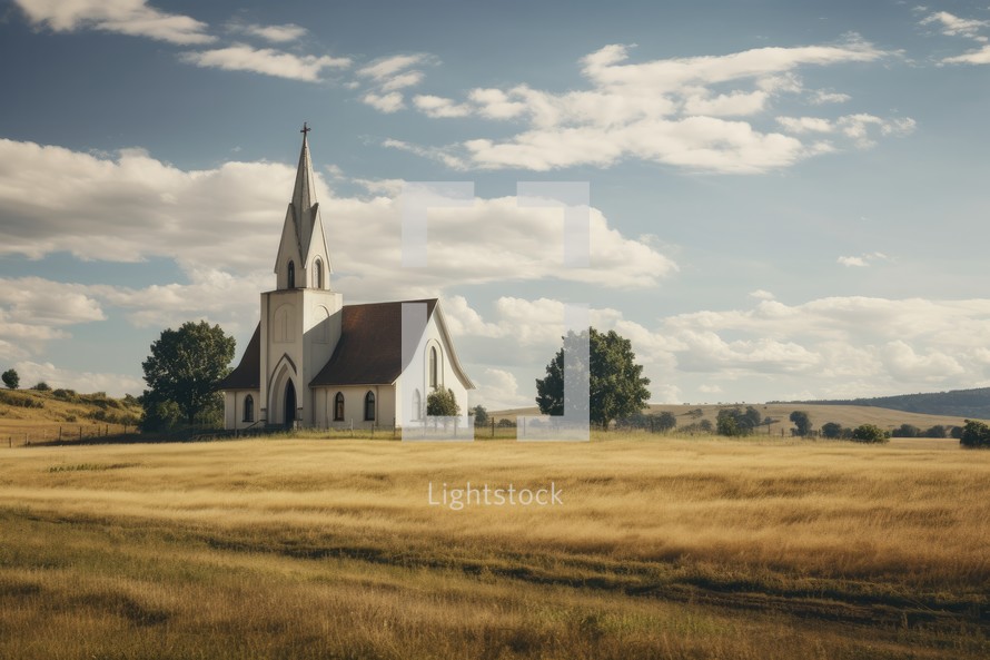 Vintage photo of old church in the field. Retro style.