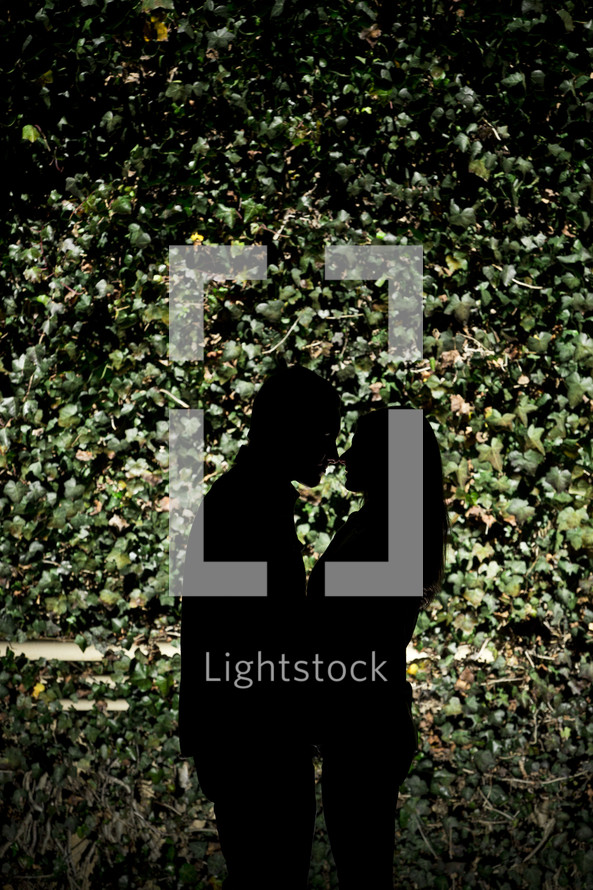 silhouette of a couple about to kiss in front of an ivy covered wall