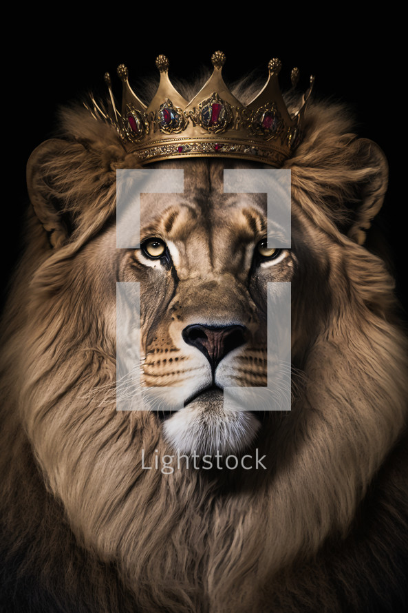 Abstract painting concept. Colorful art of a lion with a crown. Animals.