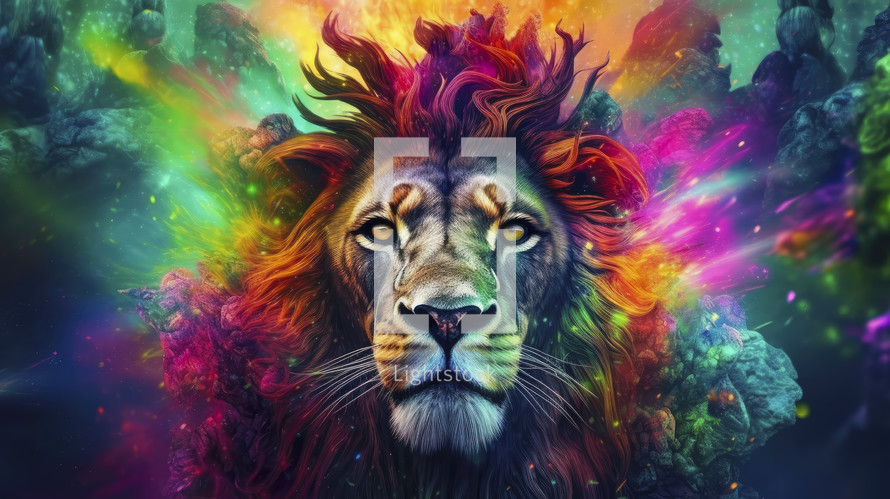 Close-up portrait of a fantasy lion with colorful vibes. Wildlife animals.