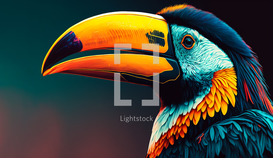 Abstract painting concept. Colorful close-up art of a toucan. Animals. 