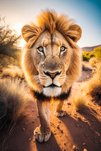lose-up of african lion in the savannah. Wildlife animals.