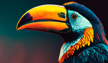 Abstract painting concept. Colorful close-up art of a toucan. Animals. 