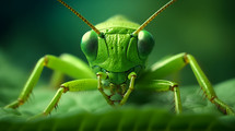 Close-up of a green grasshopper with green leaf background. Wildlife animals.