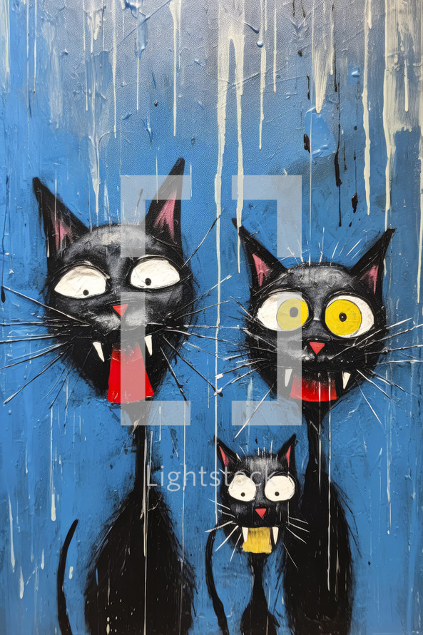Portrait of a oil painting portrait of funny and happy cats on blue background.