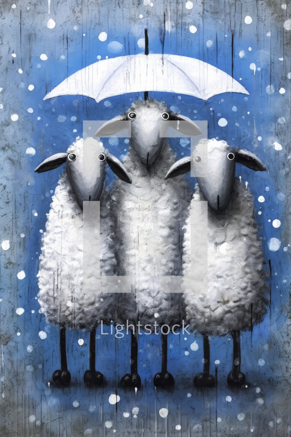 Portrait of a oil painting portrait of funny and happy sheeps on blue background.