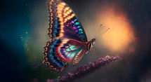 Abstract painting concept. Colorful art of a butterfly sitting on flower.