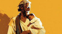 Colorful painting art portrait of Abraham with his son Isaac. Yellow background.
