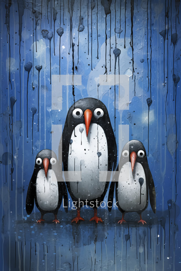 Portrait of a oil painting portrait of funny and happy penguins on blue background.