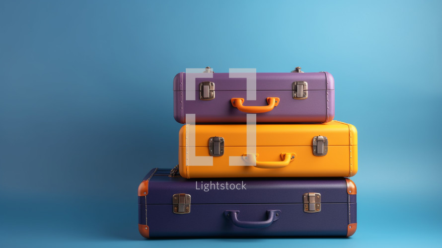 Purple, yellow, and navy suitcases on a blue background. Travel concept. 