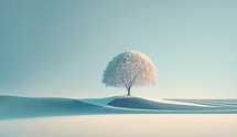 Painting art of a winter, minimalism landscape with a tree. 