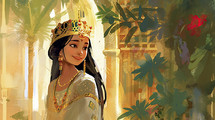 Colorful painting portrait art of the biblical Queen Esther of Persia. Christian illustration.