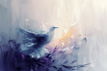 Ethereal abstract painting of a dove, representing the Holy Spirit, amidst a radiant backdrop.