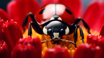 Close-up of a ladybug in a red flower. Wildlife animals.