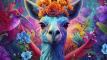 Close-up portrait of a Ilama with colorful vibes. Wildlife animals.