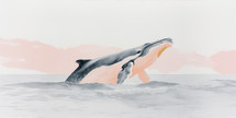 Ethereal painting of a humpback whale breaching in a turbulent sea under a warm, pastel sky, capturing the majestic spirit of marine life.