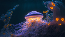 Abstract illustration. Colorful painting of a glowing jellyfish in the depths of the sea. 