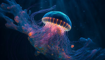 Colorful AI painting of a glowing jellyfish in the depths of the sea.