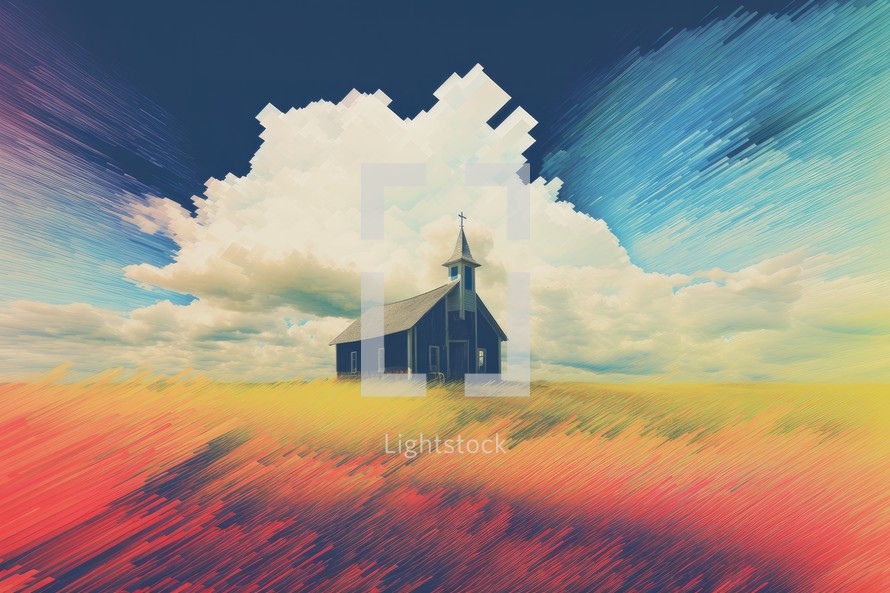 Church on the field and sky with clouds. Colorful abstract background.