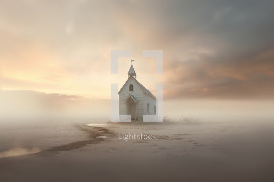 Church in the fog at sunrise, 3d rendering. Computer digital drawing.