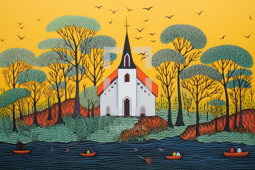Illustration of a church on a lake with trees in the background
