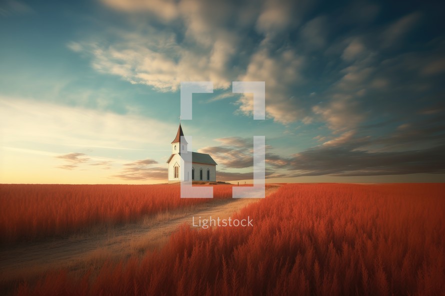 Church in the field at sunset, 3d render, vintage colors