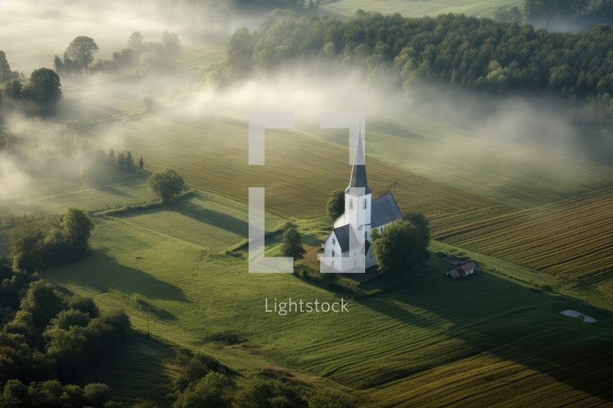 Aerial view of a small church in the middle of a foggy field