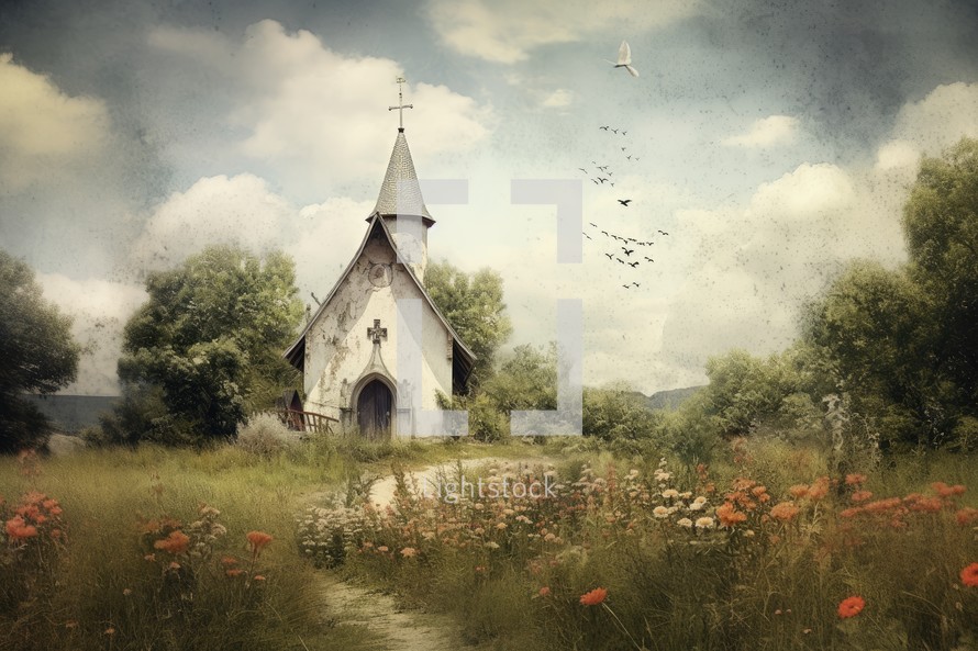 Church in a meadow with flowers and birds. Photo in old color image style.