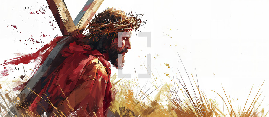 Poignant illustration of Jesus carrying the cross, symbolizing sacrifice and redemption.