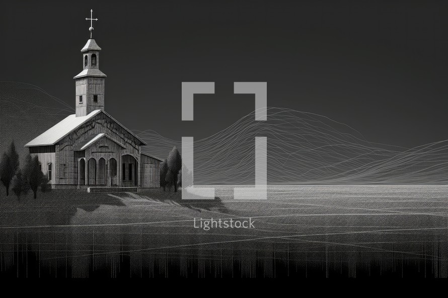 Church in the countryside. Black and white image. 3d rendering