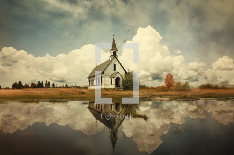 Church reflected in the lake. Retro stylized photo with shallow depth of field.