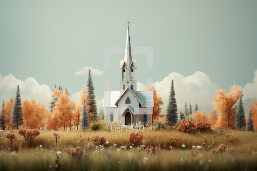 Miniature of church in the forest with filter effect retro vintage style
