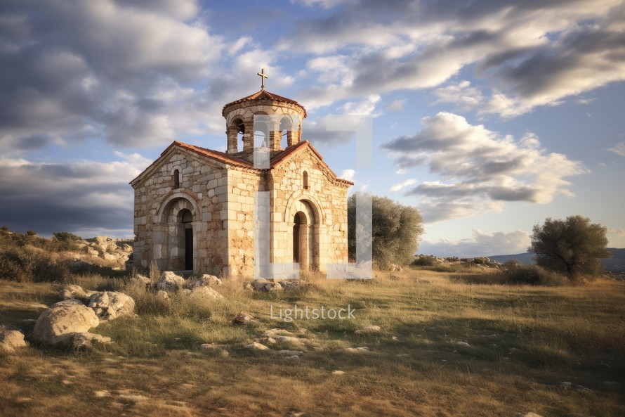 Old orthodox church in the mountains at sunset, Crete, Greece