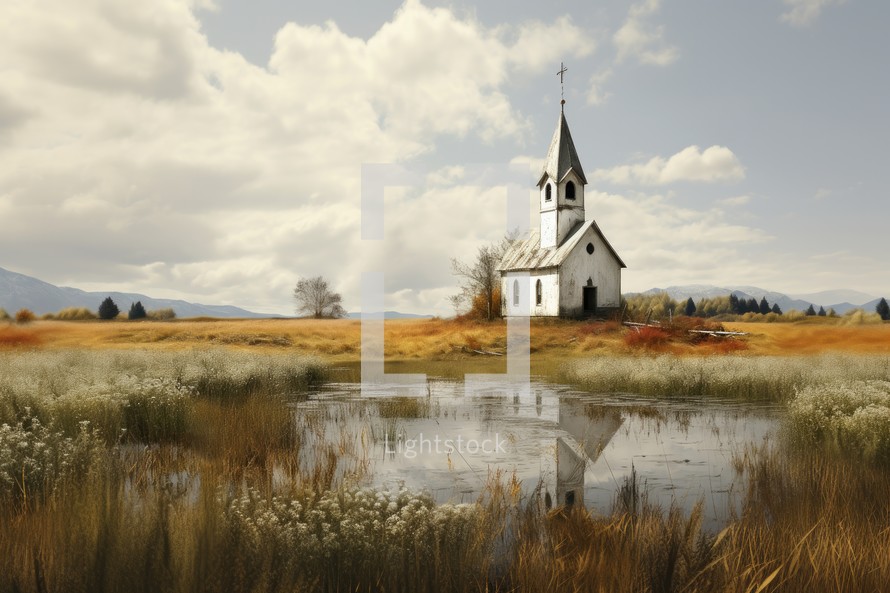 Church in the meadow with reflection in the water, with mountains in the background