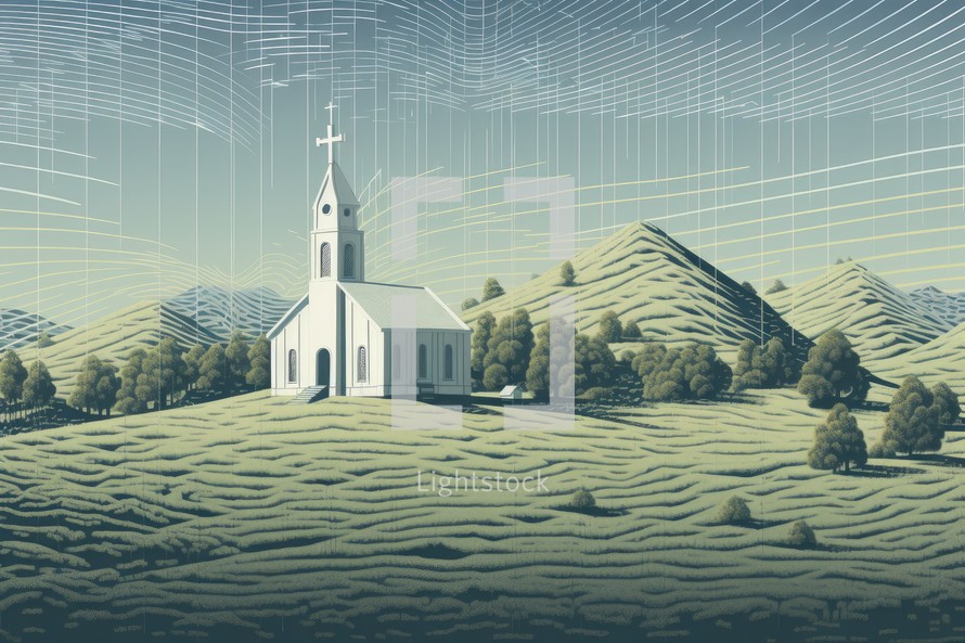 Digital Illustration of a Church in a Field of Rows of Hills