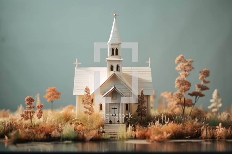 Miniature christian church on the lake. Selective focus.