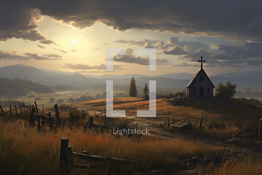 Church in the mountains at sunset. Beautiful landscape with a church.