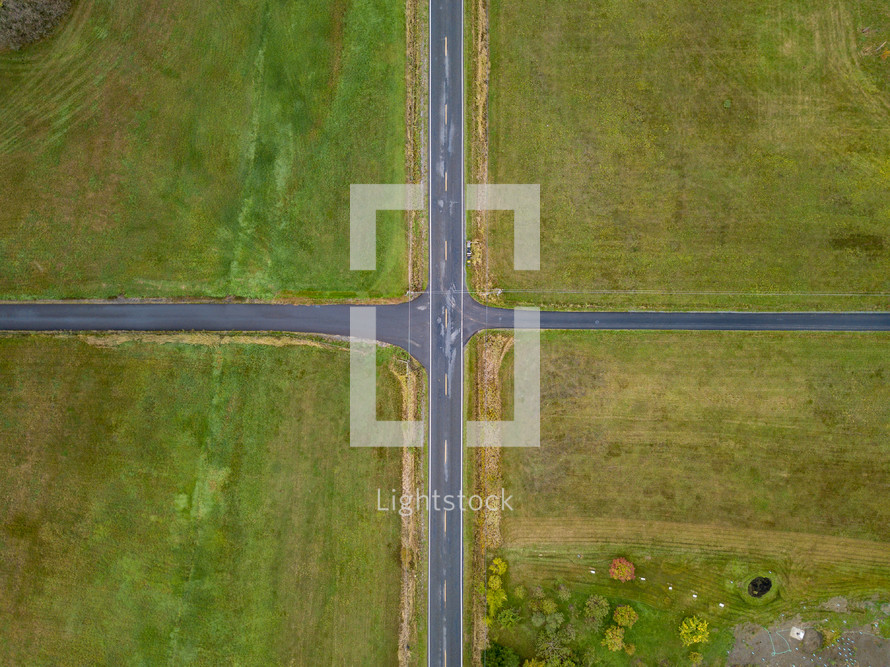 aerial view over a rural intersection 