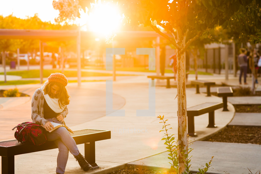 Teenage girl back to school studying, ready bible, campus, golden light, alone on a bench, devotional