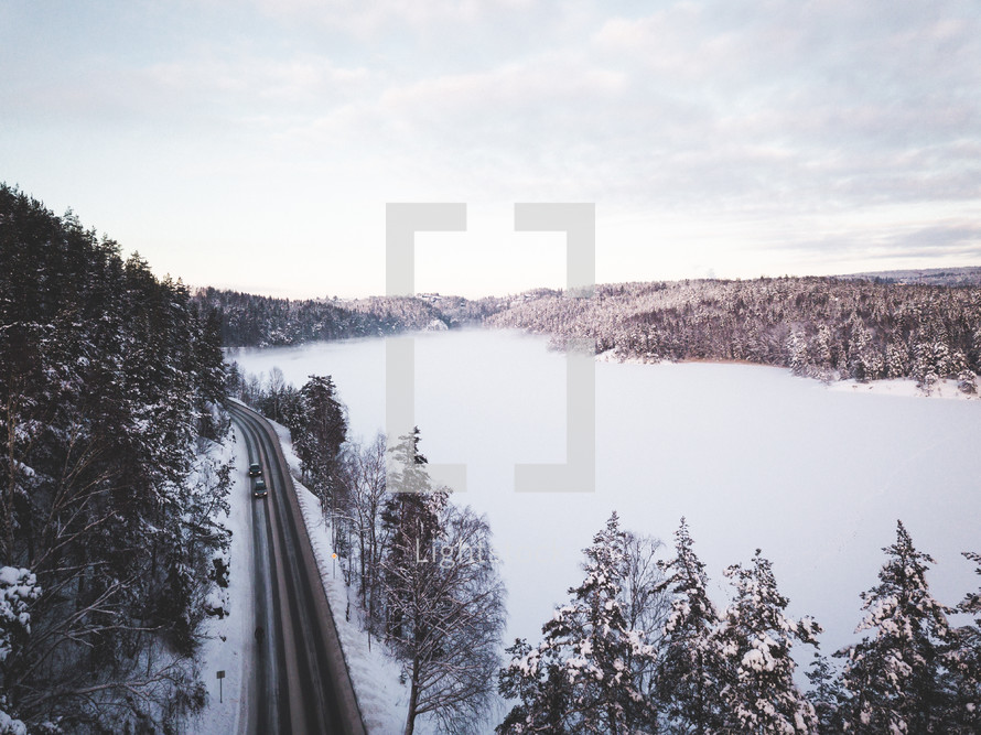 aerial view of a winter highway 